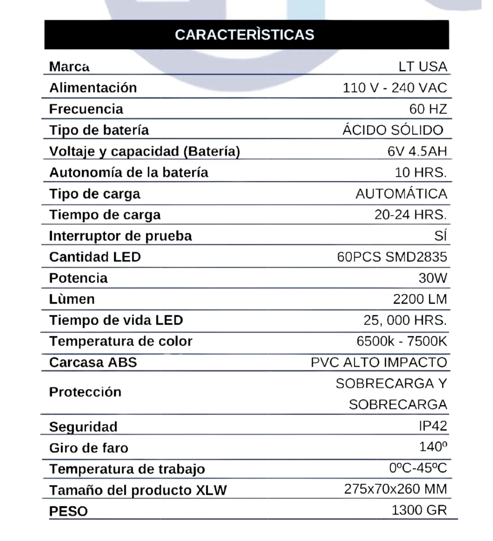 LUZ DE EMERGENCIA LT USA 10HRS 30W LT-6060 - Imagen 3